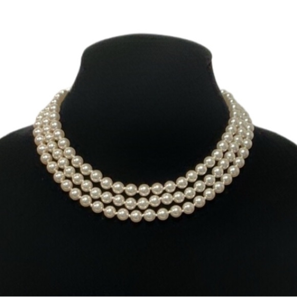 Triple-Strand Synthetic Cream Pearl Necklace with Decorative Clasp
